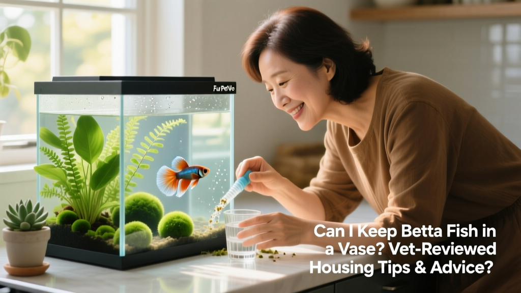 Happy owner gently observing their betta in a clean, well-planted FurPetVo aquarium during a routine water change