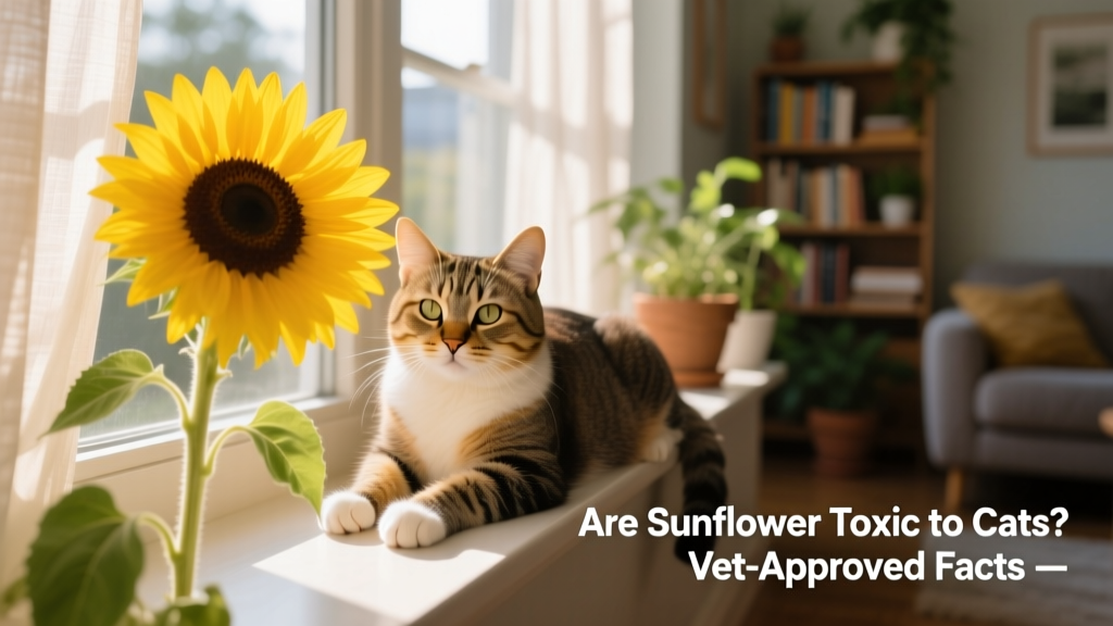 A vibrant yellow sunflower in full bloom beside a relaxed domestic cat sitting on a sunlit windowsill