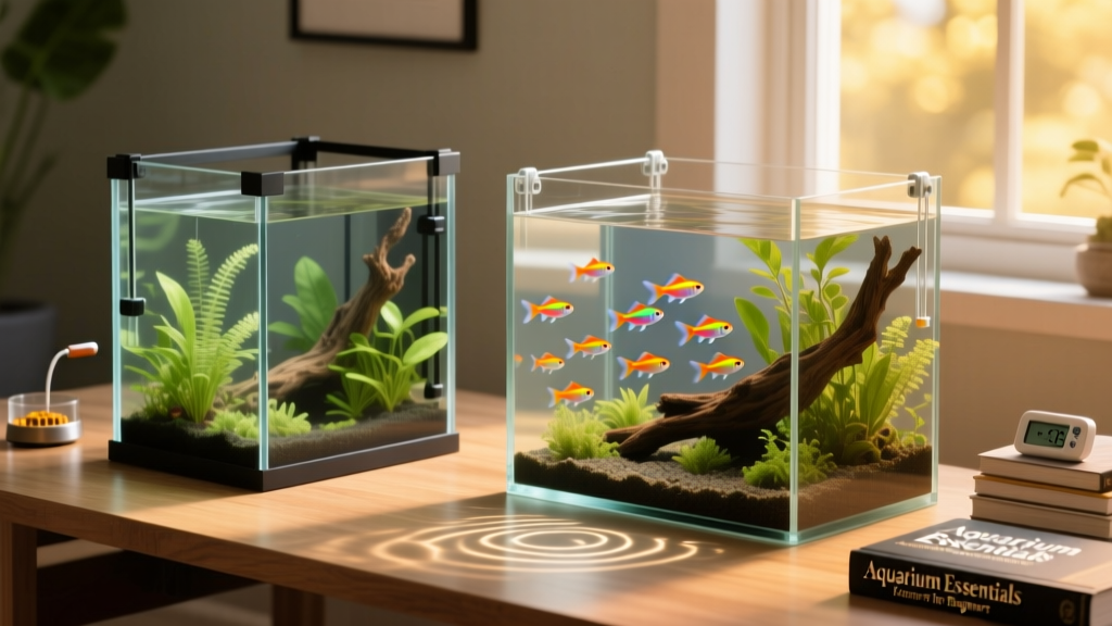 Side-by-side comparison of glass vs. acrylic aquariums, highlighting clarity, weight, and structural support requirements