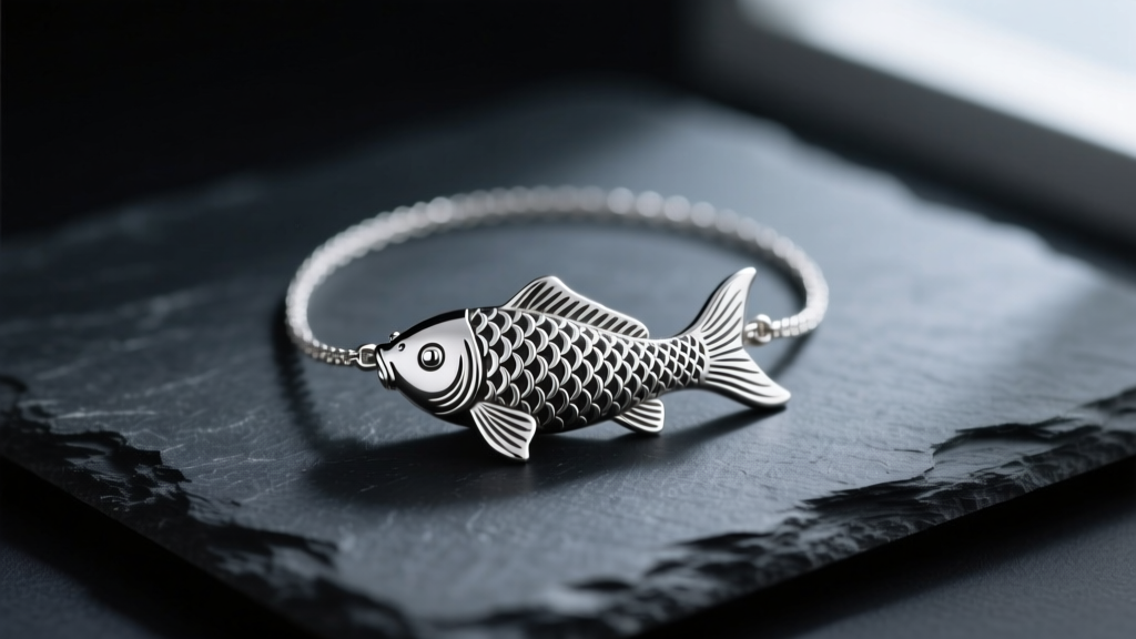 Sterling silver koi fish charm necklace on dark slate, highlighting intricate scale engravings under soft, moody lighting.