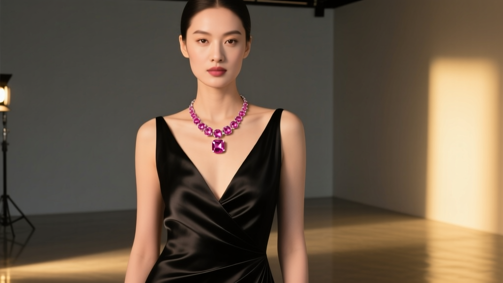 Woman wearing a 12mm cushion-cut morganite big stone necklace over a deep V-neck black silk evening gown, warm ambient lighting
