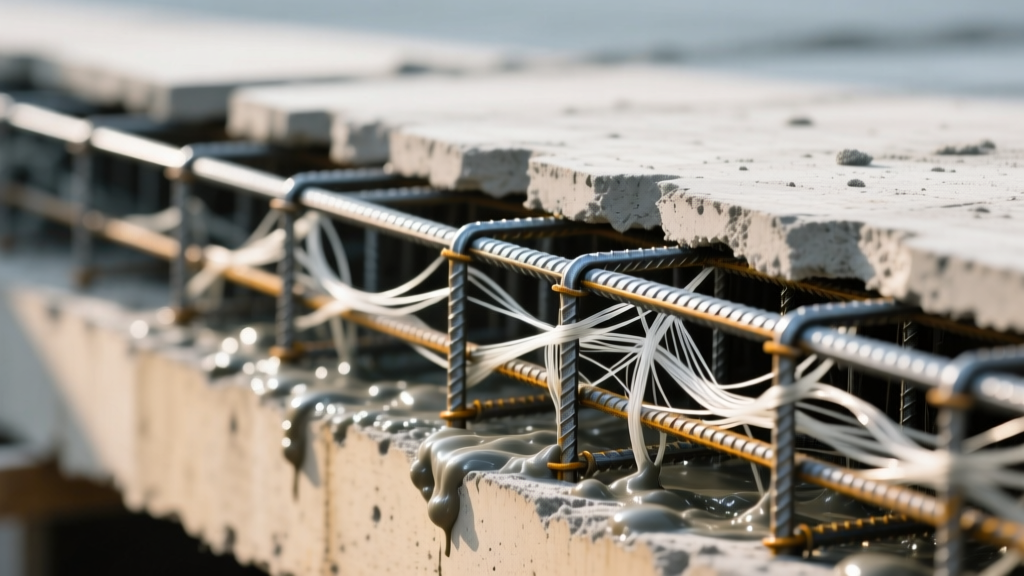 Close-up cross-section of a poured concrete slab showing a grid of steel rebar interlaced with dispersed polypropylene macro-fibers