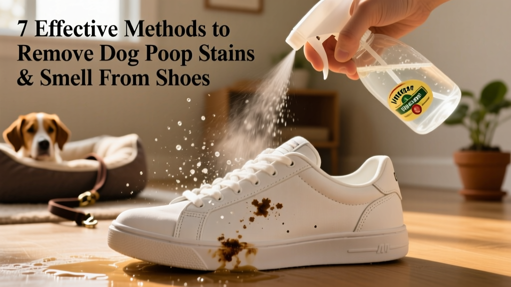 Spray bottle dispensing vinegar-water solution onto a canvas sneaker