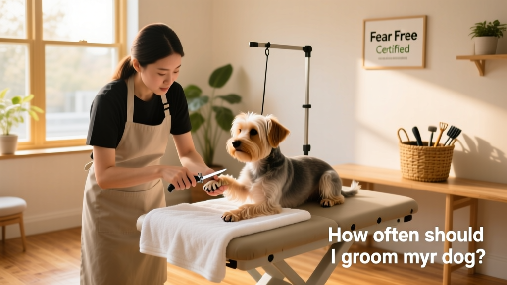 A Fear Free certified groomer calmly trimming a dog's nails in a quiet, welcoming space