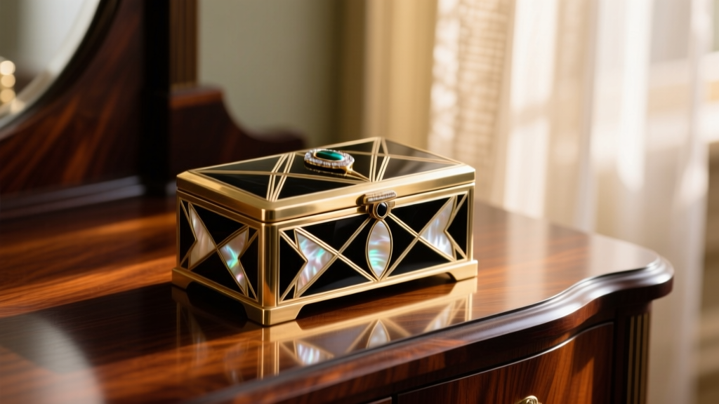 Close-up of a 1920s Art Deco brass jewelry box with geometric inlay, resting on a dark mahogany vanity in soft morning light.