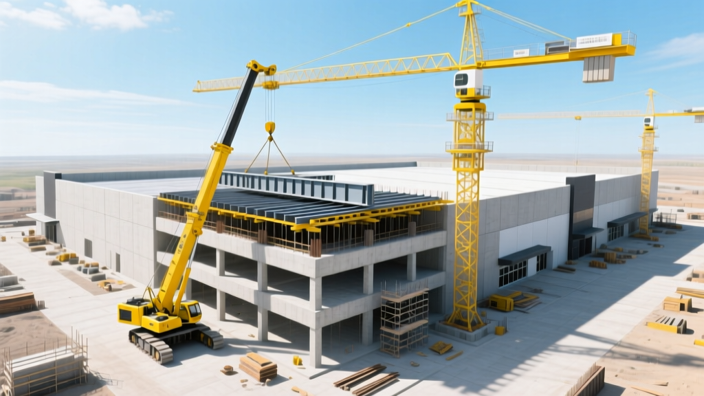 Aerial view of a modern tilt-up concrete commercial building under construction with yellow cranes lifting steel roof trusses into place