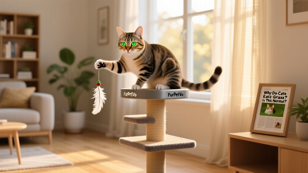 A playful cat interacting with a FurPetVo scratching post and window perch setup in a sunlit living room