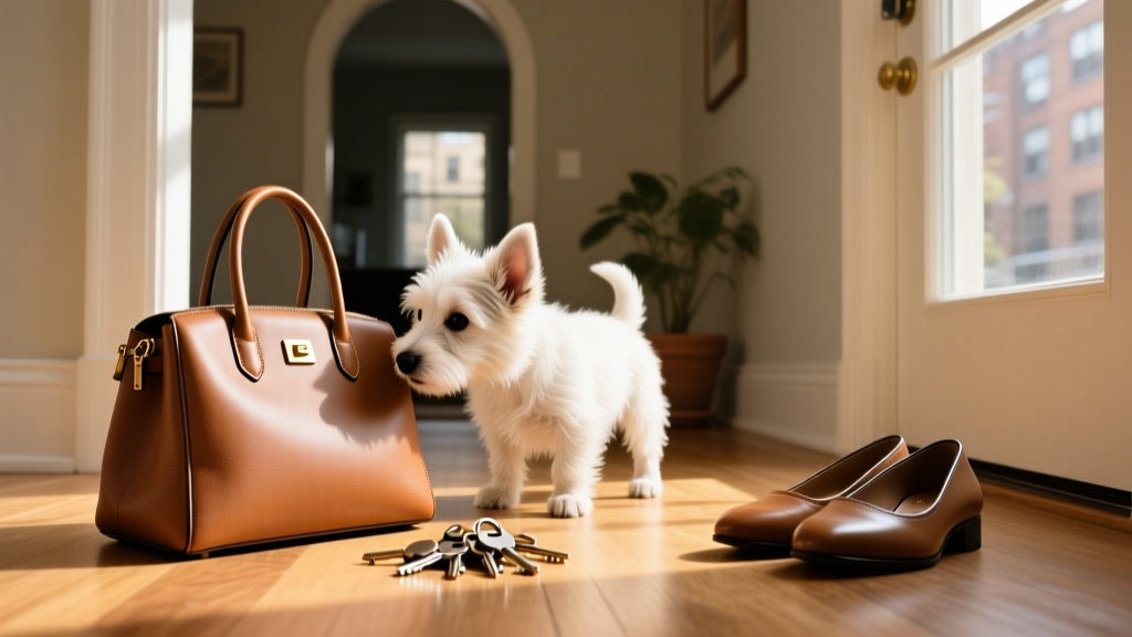 A curious Westie puppy sniffing near a stylish handbag left on the floor of a home entryway