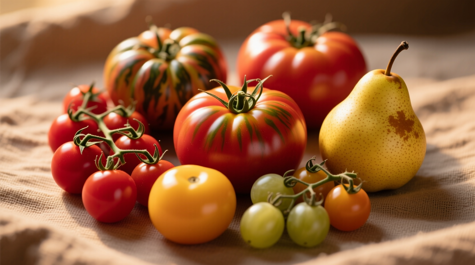 Close-up of various tomato varieties showing color and shape differences