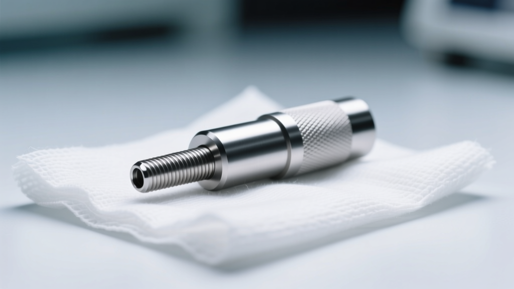 Close-up of an ASTM F136 titanium expansion taper with a threadless end on sterile gauze under bright clinical lighting.