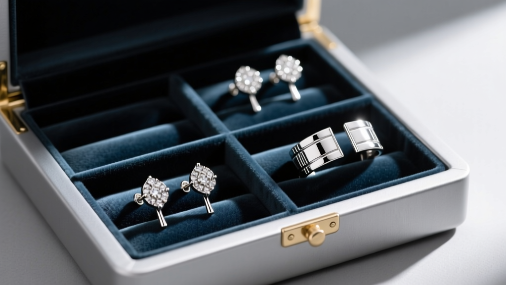 Anti-tarnish jewelry box displaying silver Dorothy heel stud earrings and tin man ear cuffs, organized in individual velvet slots