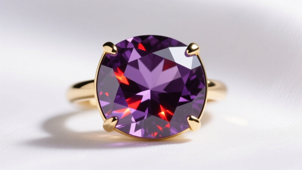 Macro shot of faceted Siberian amethyst in 14k gold bezel, showing rich purple color with red flashes against a white silk background.