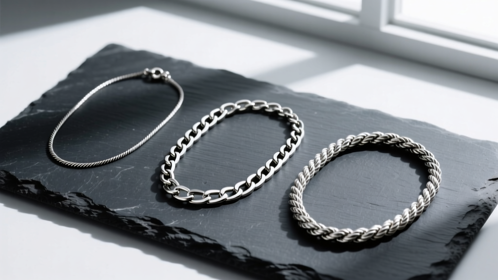 Overhead flat-lay of three distinct necklace chains, a 1.2mm cable, a 2.5mm curb, and a 3mm rope chain, resting on dark slate.