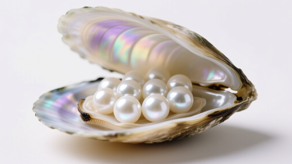 Photo of an opened freshwater mussel revealing multiple small white pearls inside, illuminated by soft studio lighting setup