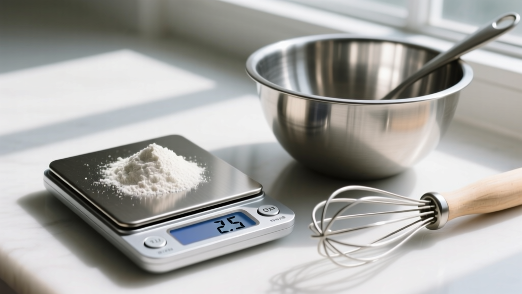 Close-up of digital pocket scale measuring exactly 2.5 grams of instant yeast next to a stainless steel mixing bowl and dough whisk