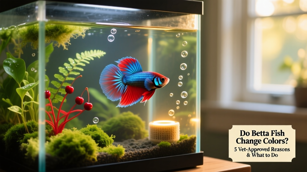 Aquarium setup featuring a healthy betta in a well-planted 5-gallon tank with gentle filtration, heater, and soft lighting