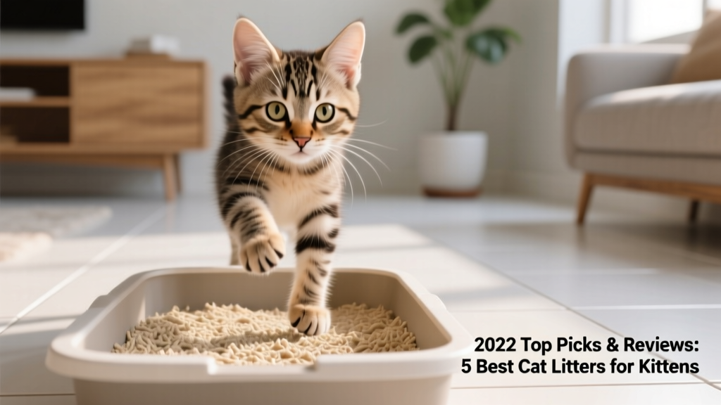 Close-up of a playful kitten stepping into a clean, shallow litter box with fine, light-colored litter