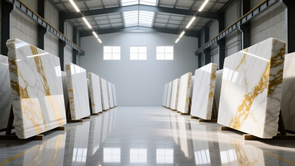Towering book-matched Calacatta marble slabs illuminated by overhead LED lighting in a luxury architectural warehouse