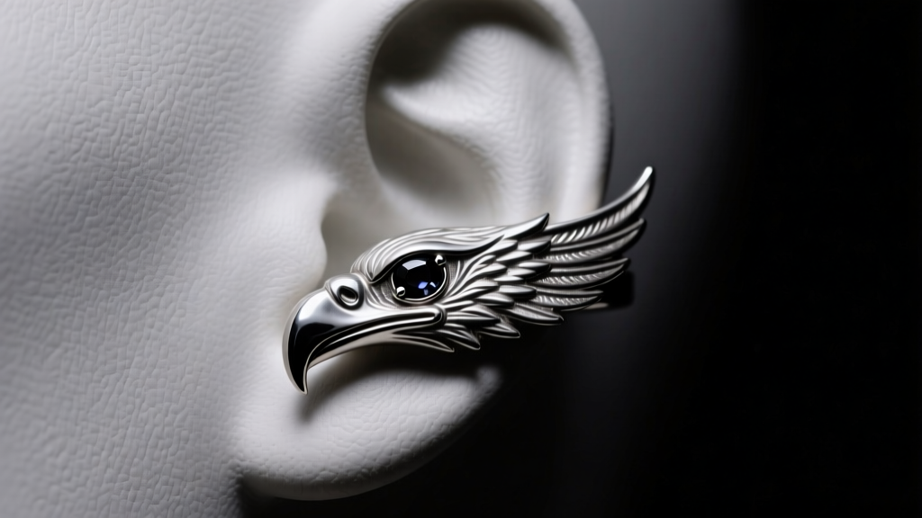 Close-up of a sterling silver eagle talon ear cuff with a bezel-set black onyx stone, on a mannequin ear with moody studio lighting