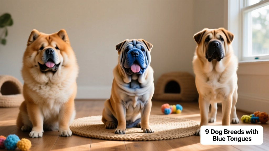 Side-by-side comparison of three blue-tongued breeds: Chow Chow, Shar-Pei, and Eurasier