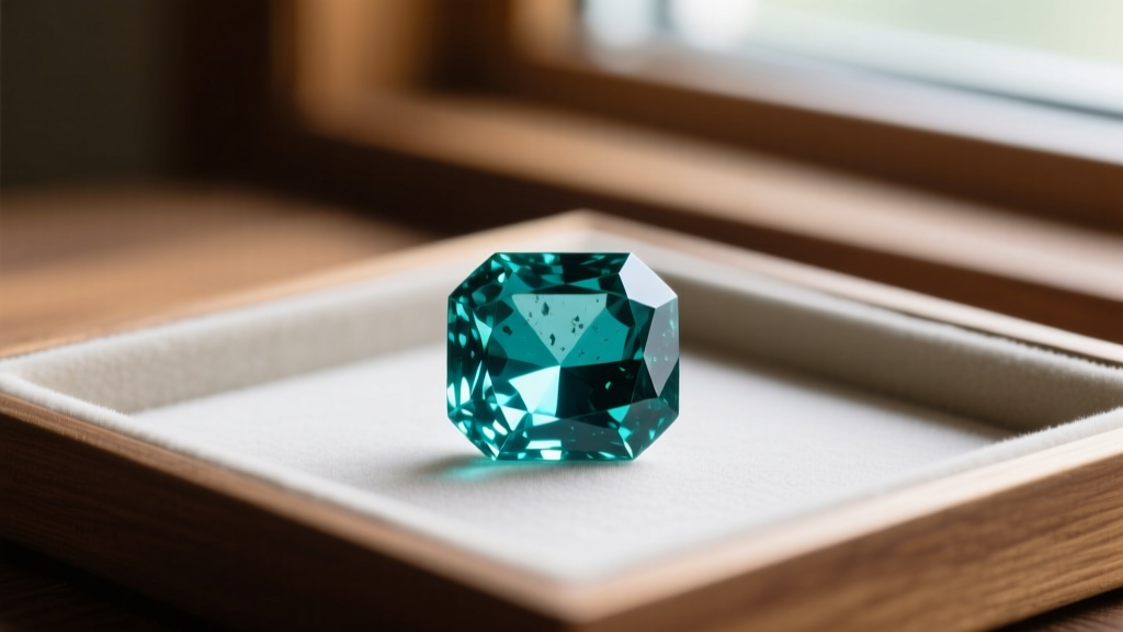 Macro shot of an unheated Montana teal sapphire on a jeweler's loupe, showing internal silk inclusions and bi-color zoning.