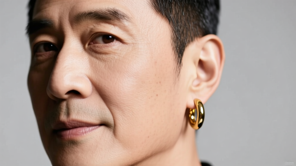 Profile of a man wearing a seamless gold clicker hoop on his right ear, left ear unpierced, against a soft grey studio background.