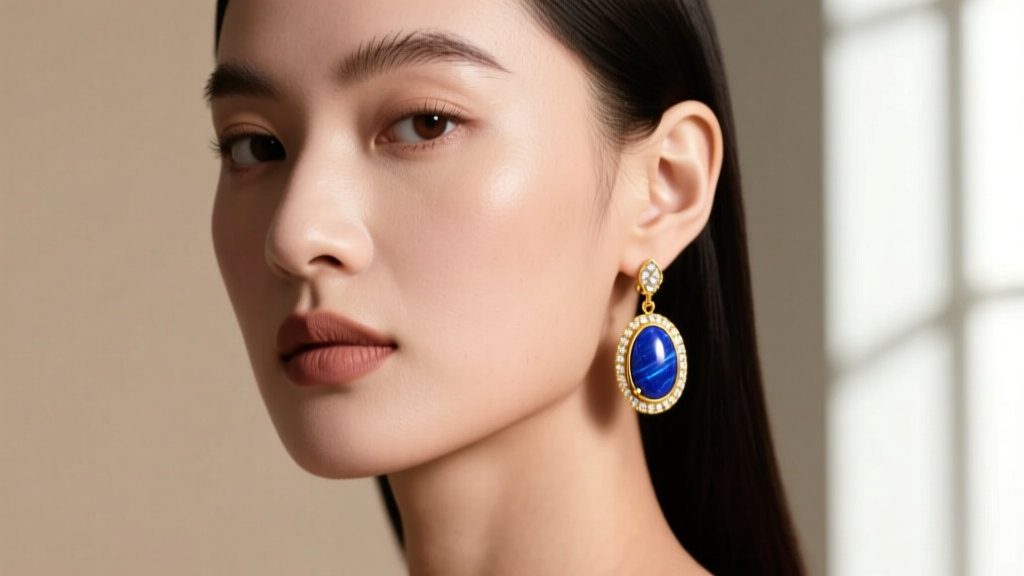 Close-up of a model wearing 14k gold bezel-set lapis lazuli cabochon drop earrings against a soft beige studio backdrop