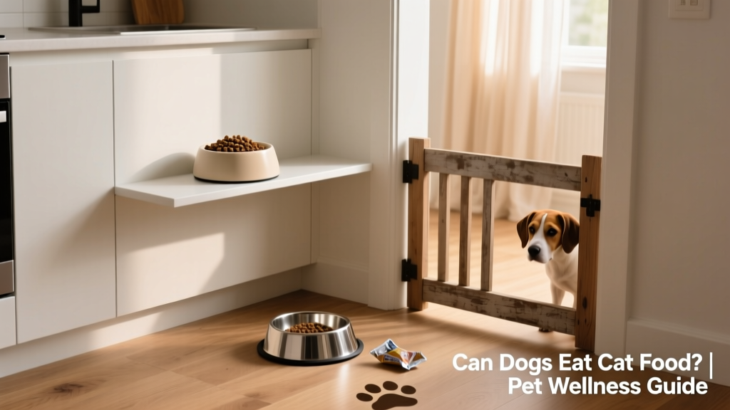 A clean, modern kitchen setup showing a cat’s food bowl placed securely on a high shelf and a dog’s bowl on the floor nearby, with a small pet gate partially visible in the doorway