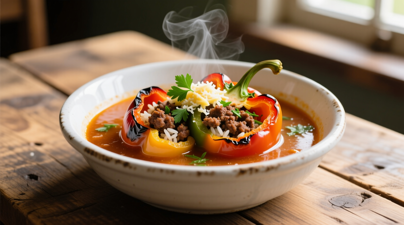 Hearty stuffed pepper soup in white bowl