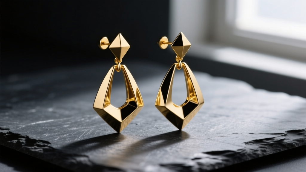 Close-up of sculptural contemporary gold vermeil drop earrings with geometric brass accents resting on dark slate, moody lighting.