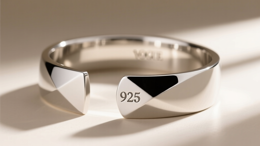 Close-up of a modern minimalist silver cuff bracelet with the 925 stamp intentionally placed on the outside as a bold motif.