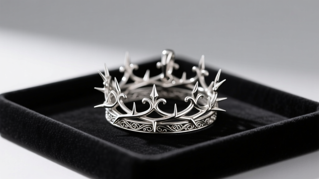 A heavy cast sterling silver crown of thorns pendant resting on a matte black velvet display tray, highlighting intricate metalwork