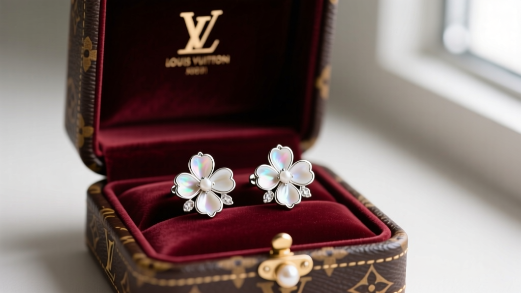 Open velvet Louis Vuitton box revealing 925 sterling silver Color Blossom earrings with white mother-of-pearl inlay.
