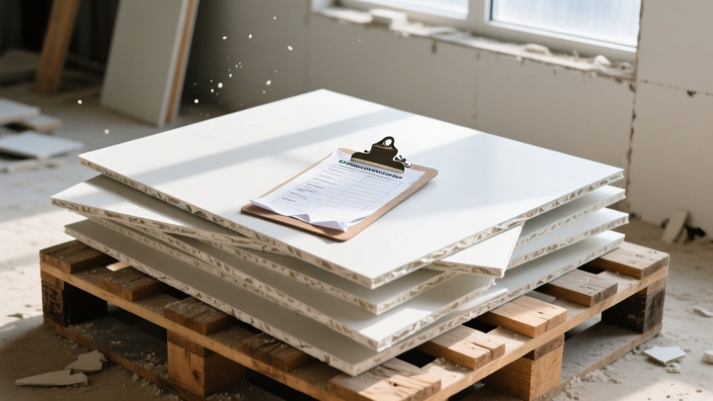 Clean gypsum board scraps stacked on a wooden pallet at a construction site with a recycling compliance checklist clipboard resting on top