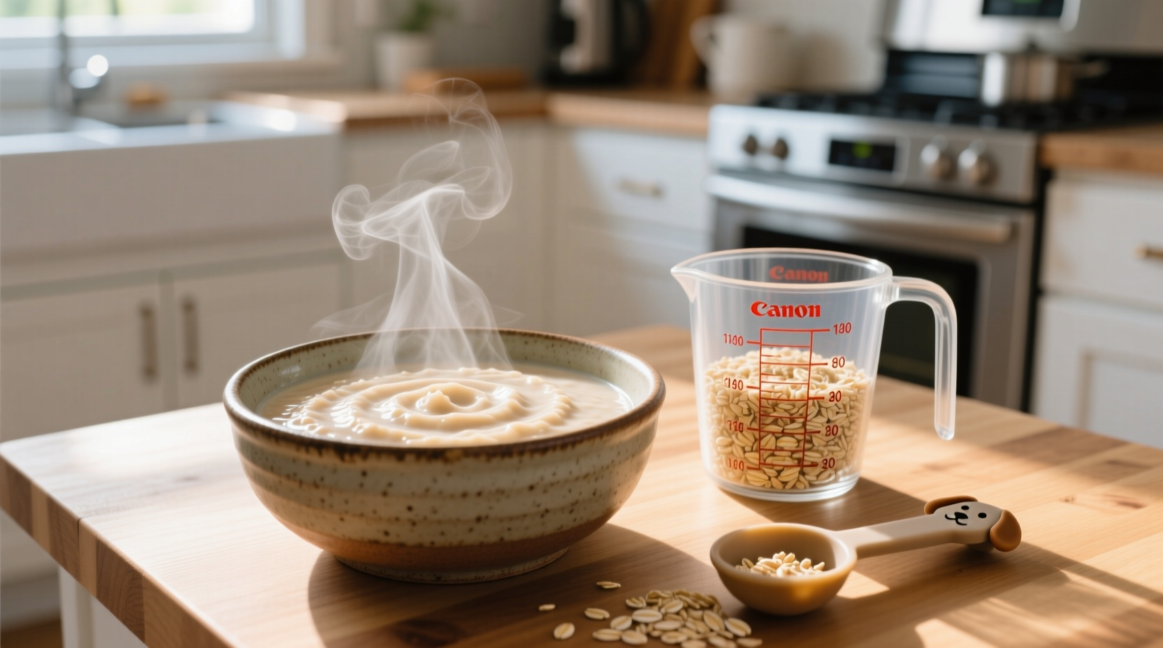 Cooked plain oatmeal in bowl beside measuring cup for dog portion