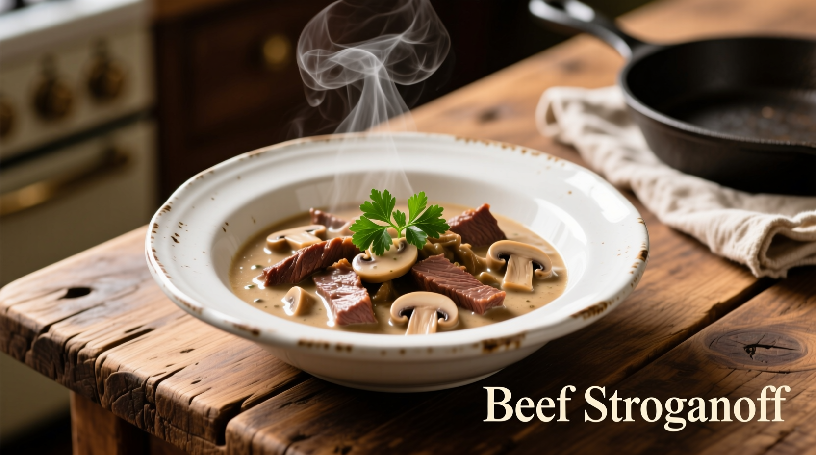 Beef stroganoff in white ceramic bowl