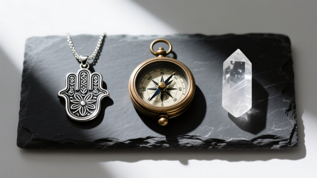 Silver Hamsa, bronze compass, and clear quartz talisman pendants arranged in an overhead flat lay on a dark slate stone surface