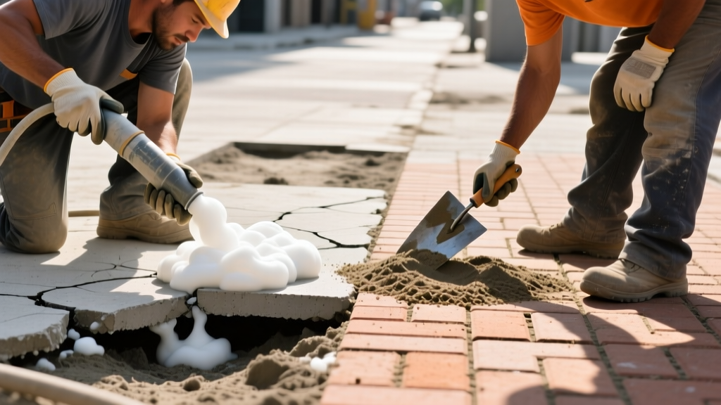 Worker injecting polyurethane foam under a cracked concrete slab alongside another applying polymeric jointing sand to interlocking brick pavers