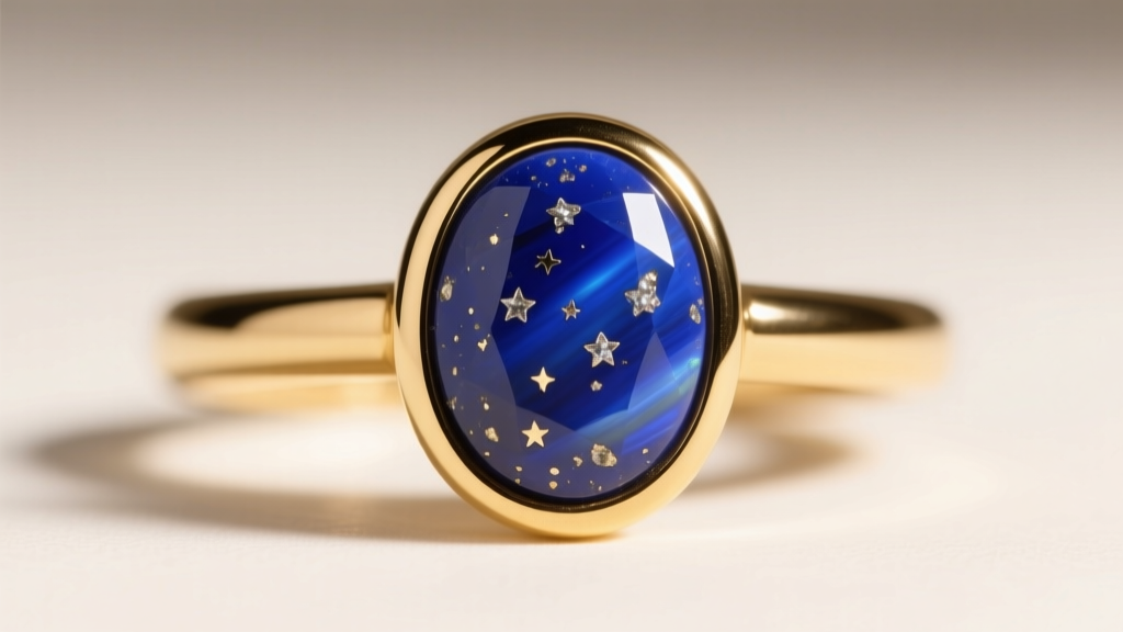 Macro view of 14k gold bezel wrapping a cabochon lapis lazuli stone, highlighting the smooth metal rim and natural pyrite flecks.