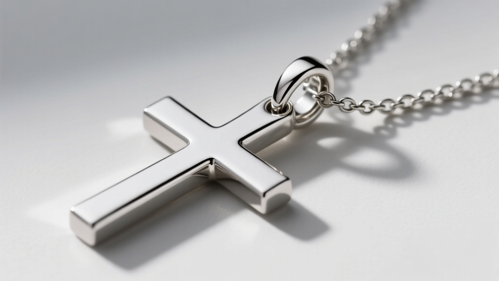 Side profile of a heavy platinum necklace cross showing a thick durable bail and secure jump ring connecting to a 2.0mm box chain