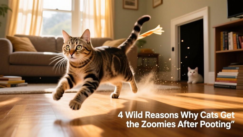 A playful tabby cat mid-zoom, streaking across a sunlit living room floor