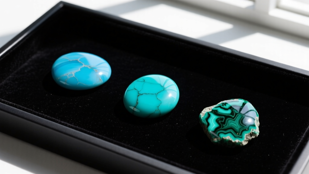 Top-down view of three turquoise cabochons with varying matrix patterns, from sky blue to veined green, on a dark jeweler's pad.