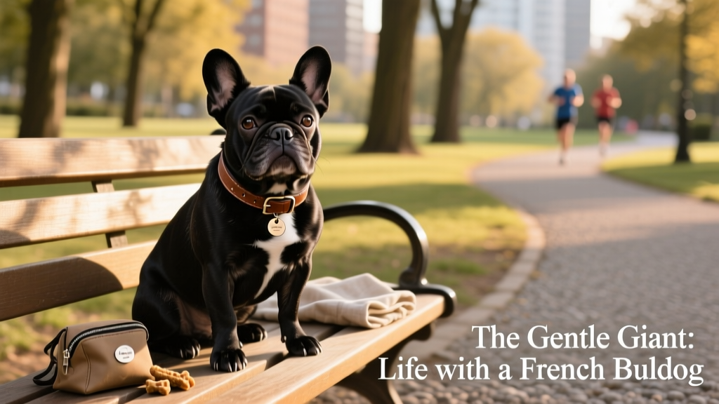 black french bulldog sitting in park