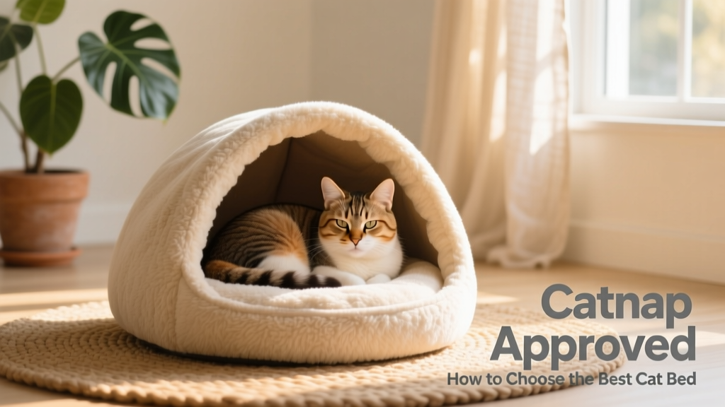 A relaxed cat curled up in a plush, covered cave-style bed