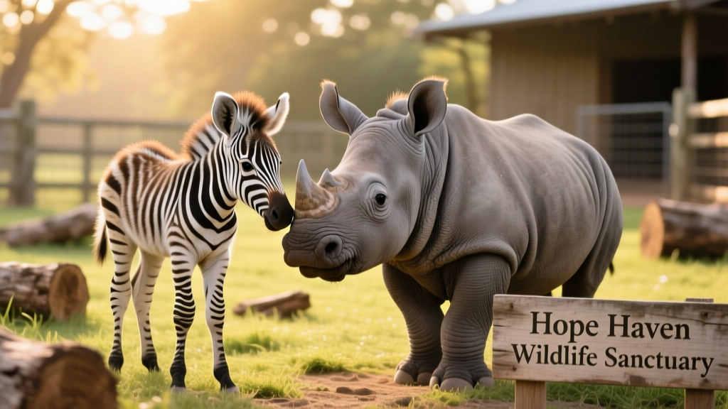Baby zebra Notty gently nuzzling baby rhino Tytan at a wildlife care facility