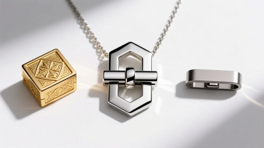 Overhead flat lay of three kinds of necklace clasps: a silver toggle, a gold box clasp, and a sleek titanium magnetic clasp.