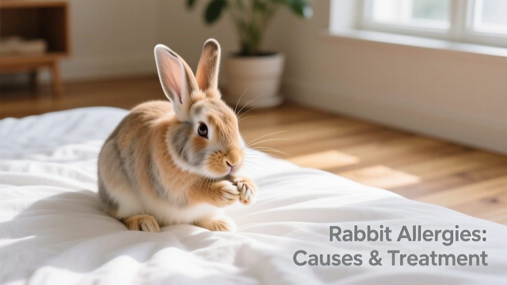 A calm, healthy rabbit grooming itself on clean bedding