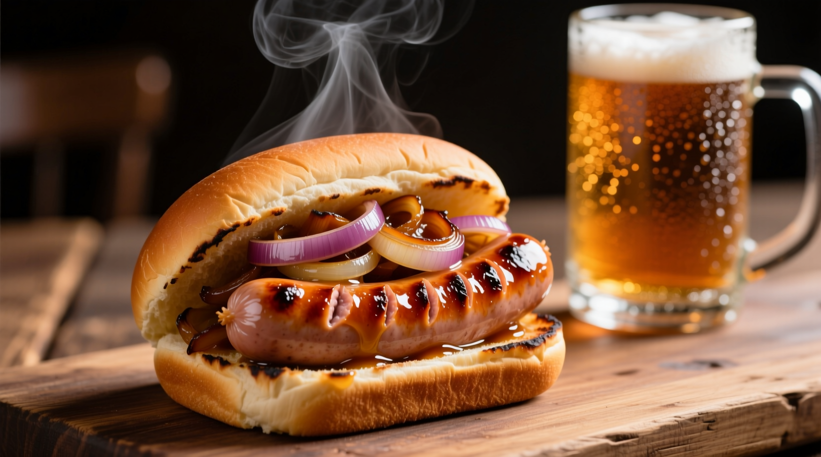 Perfectly cooked bratwurst in beer with caramelized onions