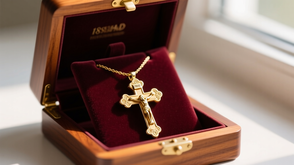 Pristine 18k gold Jesus cross necklace stored inside a velvet-lined mahogany box, highlighting proper anti-tarnish storage methods.