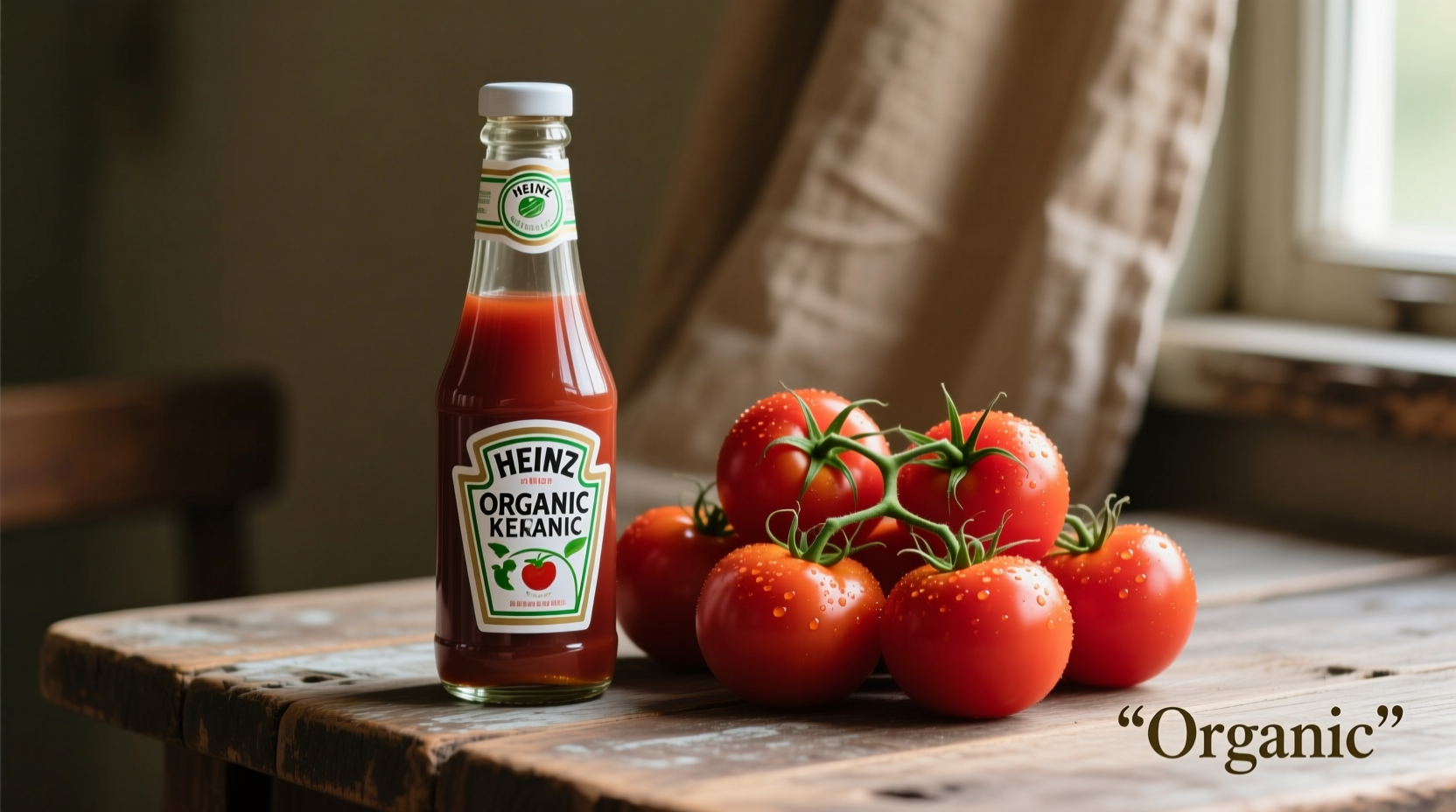 Heinz organic ketchup bottle next to fresh tomatoes